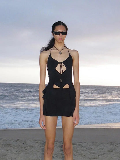 2025 Aesthetics Sexy Ruffles Cut Out White Tank Tops Fashion Bandage Hollow Out Halter Tops Drawstring Clubwear