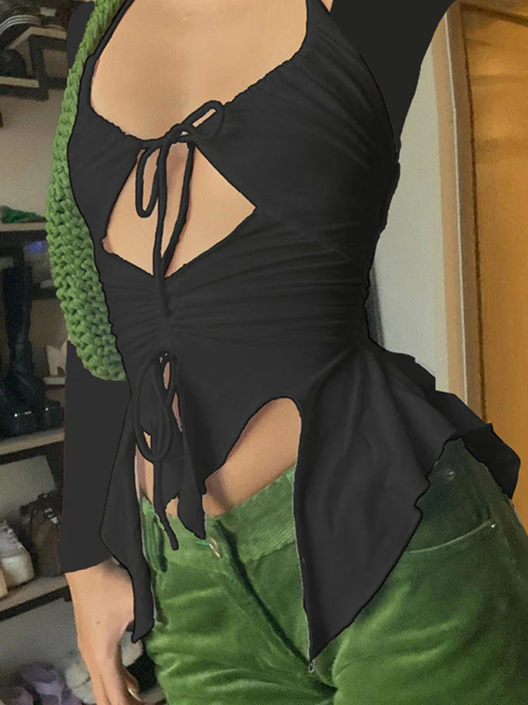 2025 Aesthetics Sexy Ruffles Cut Out White Tank Tops Fashion Bandage Hollow Out Halter Tops Drawstring Clubwear