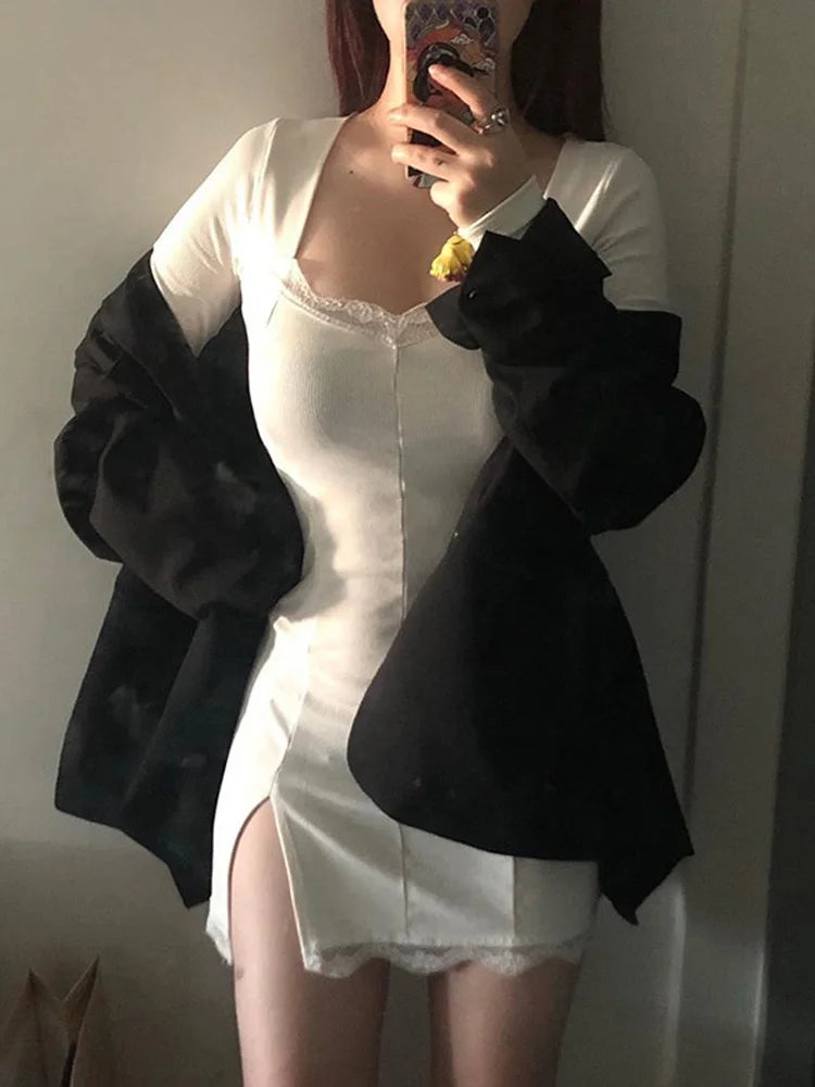 Vestido corto femenino de encaje con manga larga para otoño y primavera, minivestido sexy con abertura y retazos para mujer, ideal para fiestas y clubes, con escote bajo, 2025