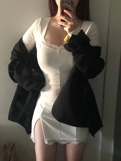 Vestido corto femenino de encaje con manga larga para otoño y primavera, minivestido sexy con abertura y retazos para mujer, ideal para fiestas y clubes, con escote bajo, 2025