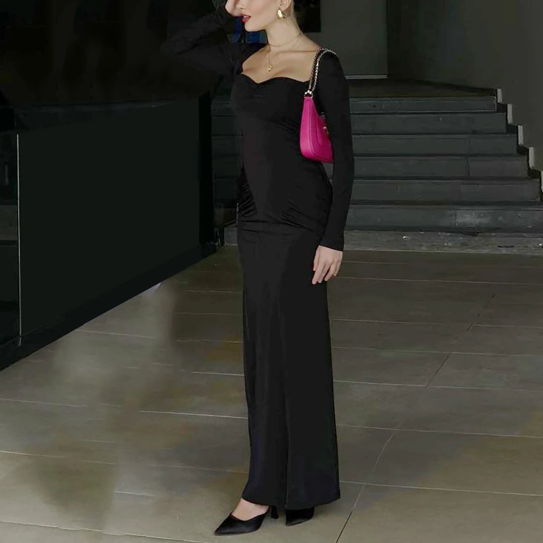 2025 Elegantes vestidos de fiesta de manga larga, sexys, de cintura alta, ajustados, para mujer, vestido de noche de moda, vestidos largos plisados de color sólido