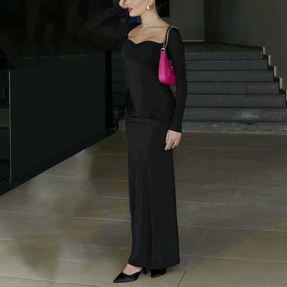 2025 Elegantes vestidos de fiesta de manga larga, sexys, de cintura alta, ajustados, para mujer, vestido de noche de moda, vestidos largos plisados de color sólido