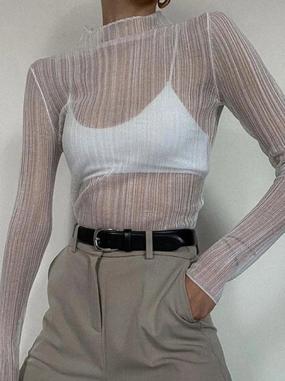 2025 Fall Elegant See Through Long Sleeve Mock Neck Women Tops Fashion Streetwear Sexy T-Shirts Tees Slim Clothes