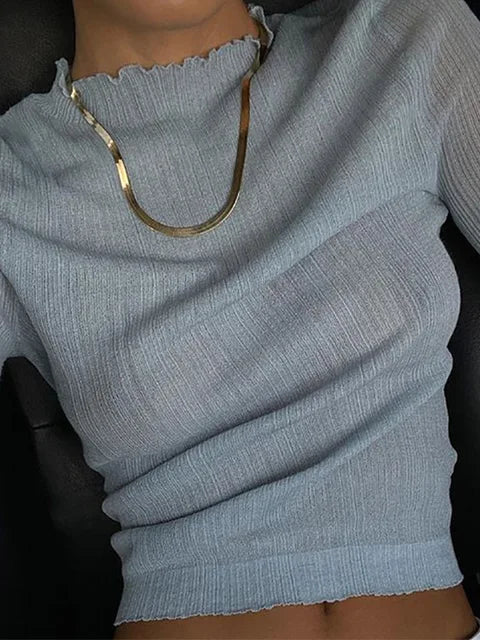 2025 Fall Elegant See Through Long Sleeve Mock Neck Women Tops Fashion Streetwear Sexy T-Shirts Tees Slim Clothes