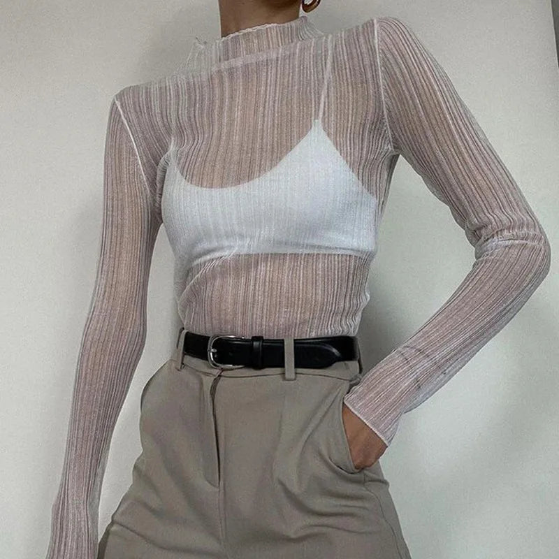2025 Fall Elegant See Through Long Sleeve Mock Neck Women Tops Fashion Streetwear Sexy T-Shirts Tees Slim Clothes