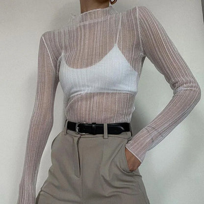 2025 Fall Elegant See Through Long Sleeve Mock Neck Women Tops Fashion Streetwear Sexy T-Shirts Tees Slim Clothes