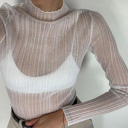 2025 Fall Elegant See Through Long Sleeve Mock Neck Women Tops Fashion Streetwear Sexy T-Shirts Tees Slim Clothes