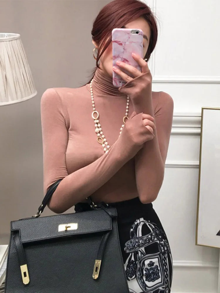 2025 Fall Fashion Women’s Tshirt Solid Long Sleeve Turtleneck Tops Ladies Tight Bottom See Through Sexy T shirt clothing