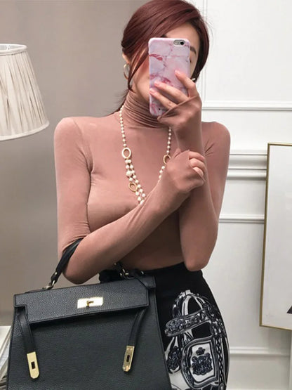 2025 Fall Fashion Women’s Tshirt Solid Long Sleeve Turtleneck Tops Ladies Tight Bottom See Through Sexy T shirt clothing