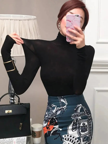 2025 Fall Fashion Women’s Tshirt Solid Long Sleeve Turtleneck Tops Ladies Tight Bottom See Through Sexy T shirt clothing