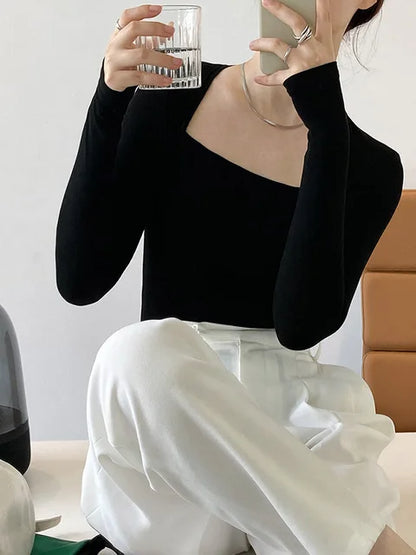 2025 French Gentle Long-Sleeved Square-Neck T-Shirt Women Slim Fake Two-Piece Top Autumn Solid Color Bottoming Shirt