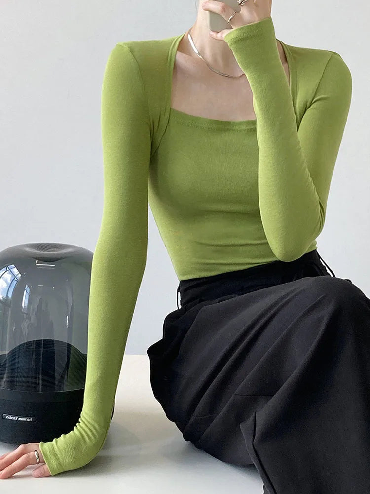 2025 French Gentle Long-Sleeved Square-Neck T-Shirt Women Slim Fake Two-Piece Top Autumn Solid Color Bottoming Shirt