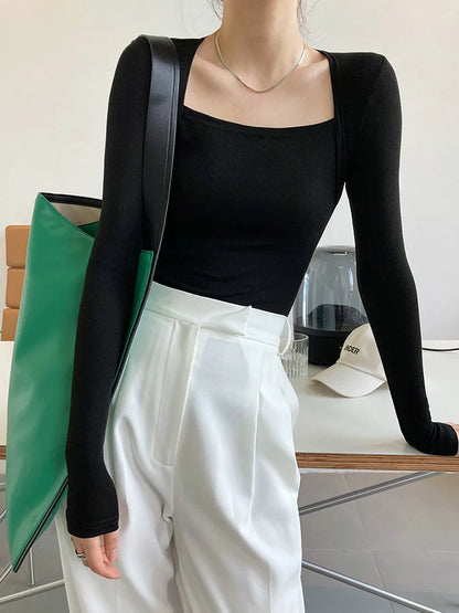 2025 French Gentle Long-Sleeved Square-Neck T-Shirt Women Slim Fake Two-Piece Top Autumn Solid Color Bottoming Shirt