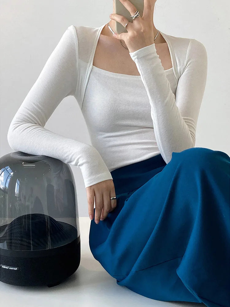 2025 French Gentle Long-Sleeved Square-Neck T-Shirt Women Slim Fake Two-Piece Top Autumn Solid Color Bottoming Shirt