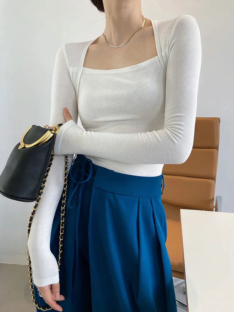 2025 French Gentle Long-Sleeved Square-Neck T-Shirt Women Slim Fake Two-Piece Top Autumn Solid Color Bottoming Shirt