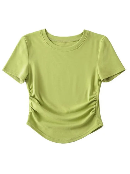 2025 Harajuku Women Crew Neck Short Sleeve Cotton Tee With Ruched Sides Detail T-shirts