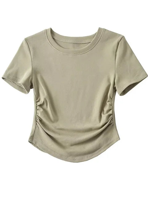 2025 Harajuku Women Crew Neck Short Sleeve Cotton Tee With Ruched Sides Detail T-shirts