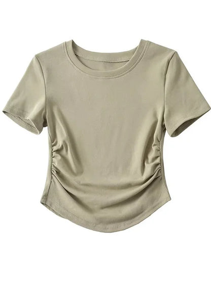 2025 Harajuku Women Crew Neck Short Sleeve Cotton Tee With Ruched Sides Detail T-shirts