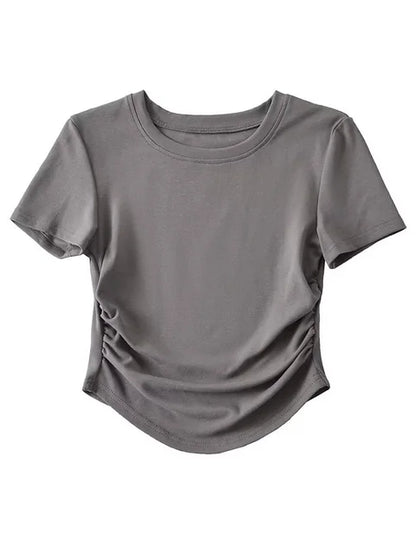 2025 Harajuku Women Crew Neck Short Sleeve Cotton Tee With Ruched Sides Detail T-shirts
