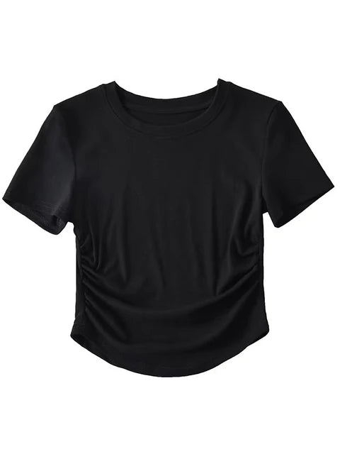 2025 Harajuku Women Crew Neck Short Sleeve Cotton Tee With Ruched Sides Detail T-shirts