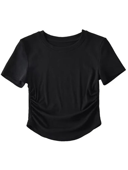 2025 Harajuku Women Crew Neck Short Sleeve Cotton Tee With Ruched Sides Detail T-shirts