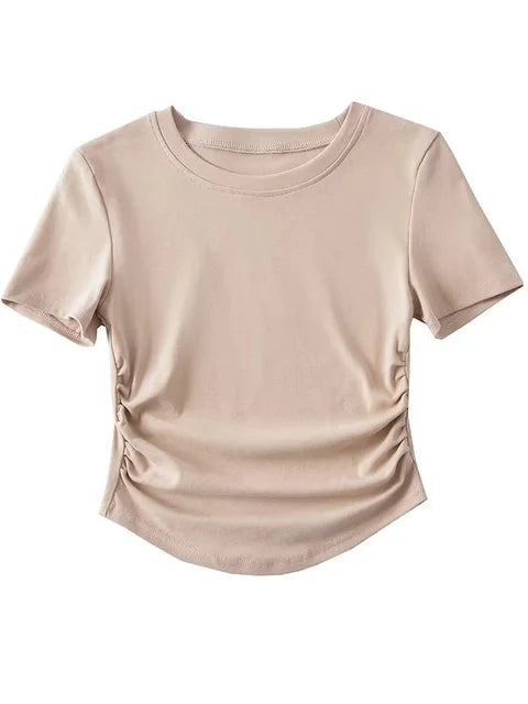 2025 Harajuku Women Crew Neck Short Sleeve Cotton Tee With Ruched Sides Detail T-shirts