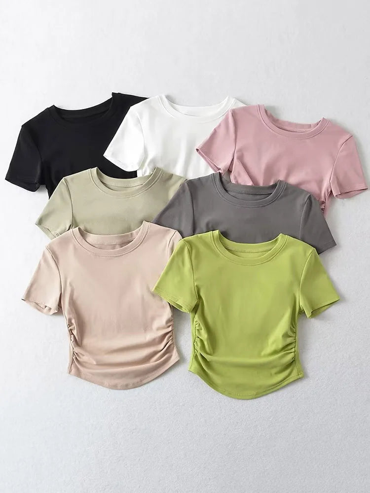 2025 Harajuku Women Crew Neck Short Sleeve Cotton Tee With Ruched Sides Detail T-shirts