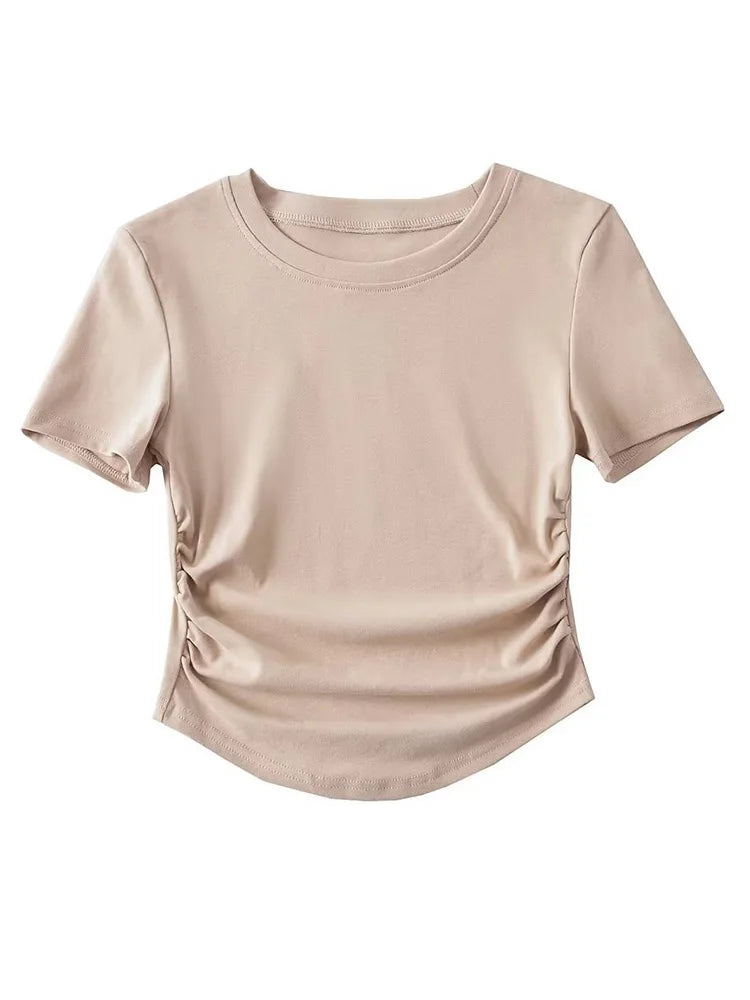 2025 Harajuku Women Crew Neck Short Sleeve Cotton Tee With Ruched Sides Detail T-shirts