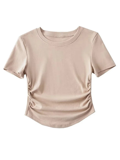 2025 Harajuku Women Crew Neck Short Sleeve Cotton Tee With Ruched Sides Detail T-shirts