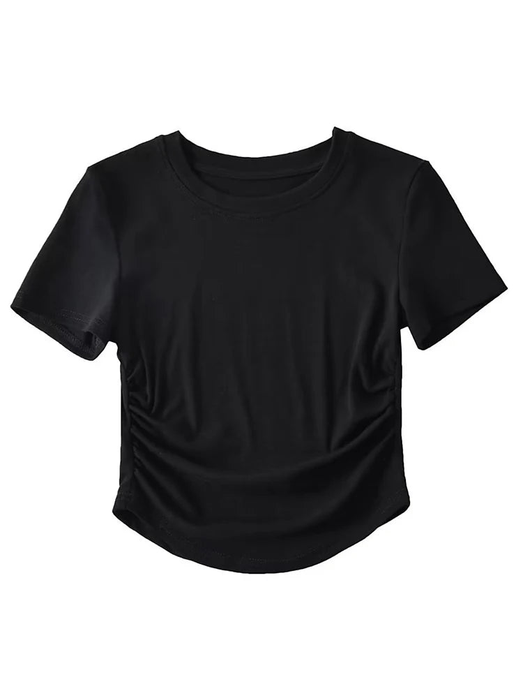 2025 Harajuku Women Crew Neck Short Sleeve Cotton Tee With Ruched Sides Detail T-shirts