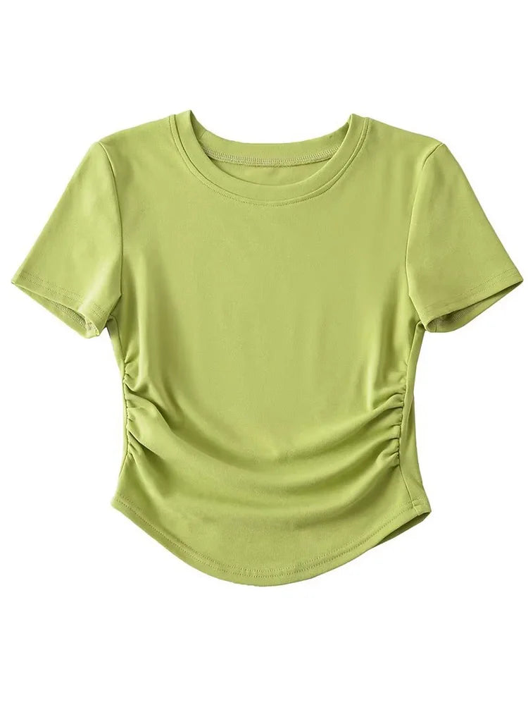 2025 Harajuku Women Crew Neck Short Sleeve Cotton Tee With Ruched Sides Detail T-shirts