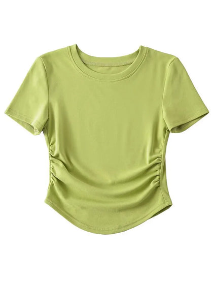 2025 Harajuku Women Crew Neck Short Sleeve Cotton Tee With Ruched Sides Detail T-shirts