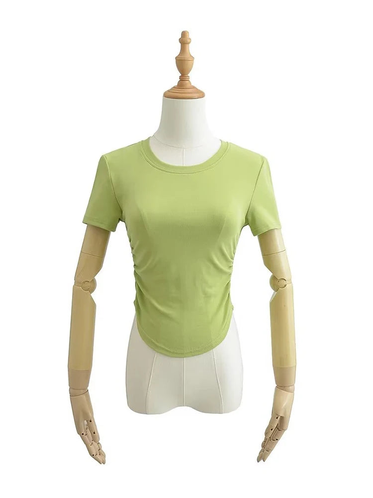 2025 Harajuku Women Crew Neck Short Sleeve Cotton Tee With Ruched Sides Detail T-shirts