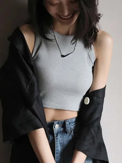 Chaleco de punto para mujer, top corto blanco con cuello halter, acanalado, sexy, informal, básico, para fitness, con hombros descubiertos, ropa de verano 2025