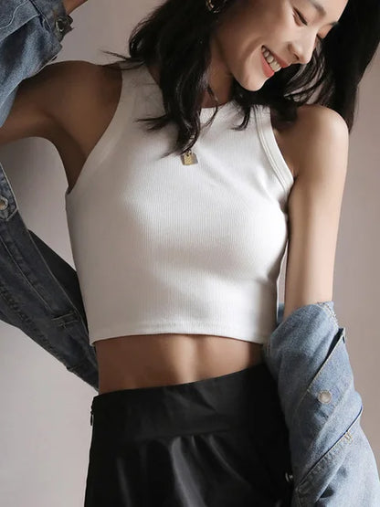 Chaleco de punto para mujer, top corto blanco con cuello halter, acanalado, sexy, informal, básico, para fitness, con hombros descubiertos, ropa de verano 2025