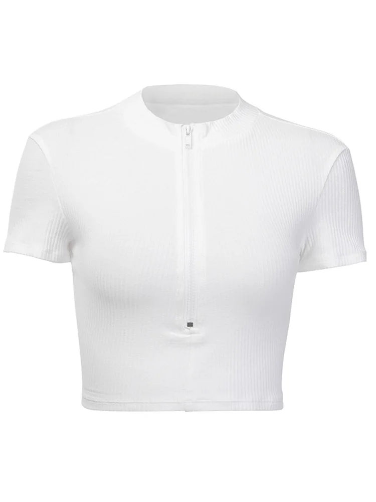 2025 New Fashion Slim Fit Zipper T-shirt Women Female Bustier Corset Tops High Neck Women Crop Top Tee Solid Shirt White