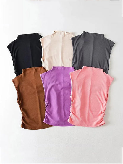 Camiseta sin mangas de cuello alto negra de verano 2025 para mujer, color rosa y morado, lisa, sin mangas, atuendos rave, E Girl, colorida