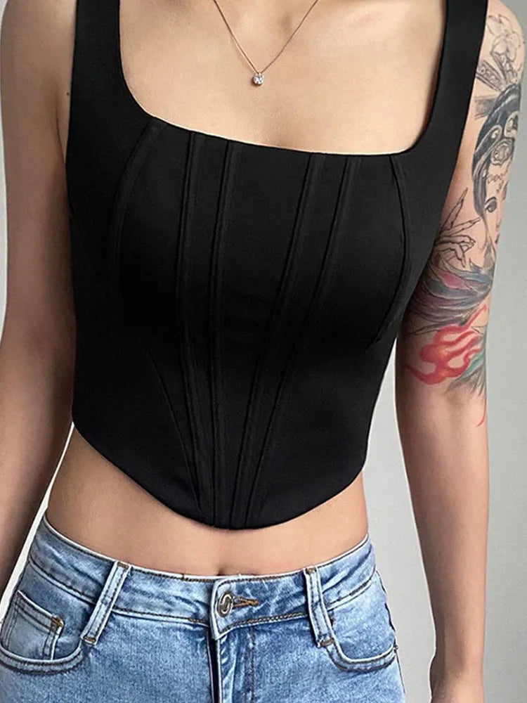 2025 Summer Crop Tops Sexy Square Neck Tight Backless Short Top Sleeveless Tank Tops Women Casual Solid Color Basic Camisole