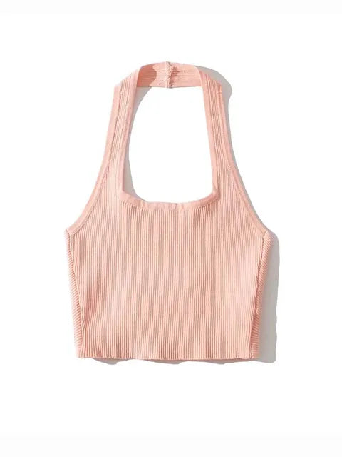 Tops de tubo sexis de moda de verano 2025 para mujer, cuello halter, sin mangas, espalda lisa, chaleco de punto con pliegues