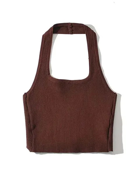 Tops de tubo sexis de moda de verano 2025 para mujer, cuello halter, sin mangas, espalda lisa, chaleco de punto con pliegues