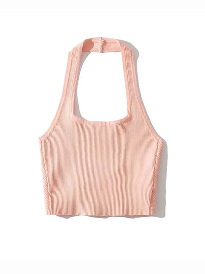 Tops de tubo sexis de moda de verano 2025 para mujer, cuello halter, sin mangas, espalda lisa, chaleco de punto con pliegues