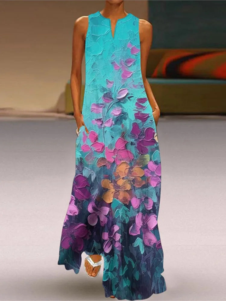 Vestidos largos vintage con estampado de flores para mujer, moda de verano 2025, cuello en V, sueltos, sin mangas, informales, para ir al trabajo