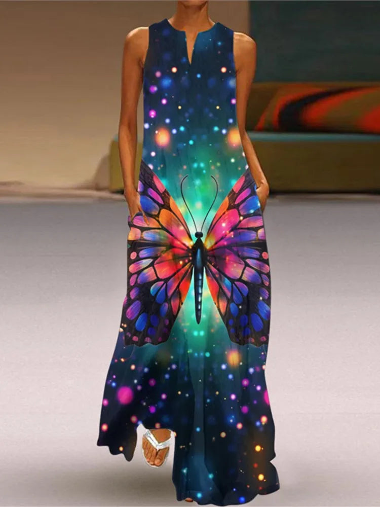 Vestidos largos vintage con estampado de flores para mujer, moda de verano 2025, cuello en V, sueltos, sin mangas, informales, para ir al trabajo