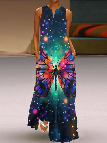 Vestidos largos vintage con estampado de flores para mujer, moda de verano 2025, cuello en V, sueltos, sin mangas, informales, para ir al trabajo