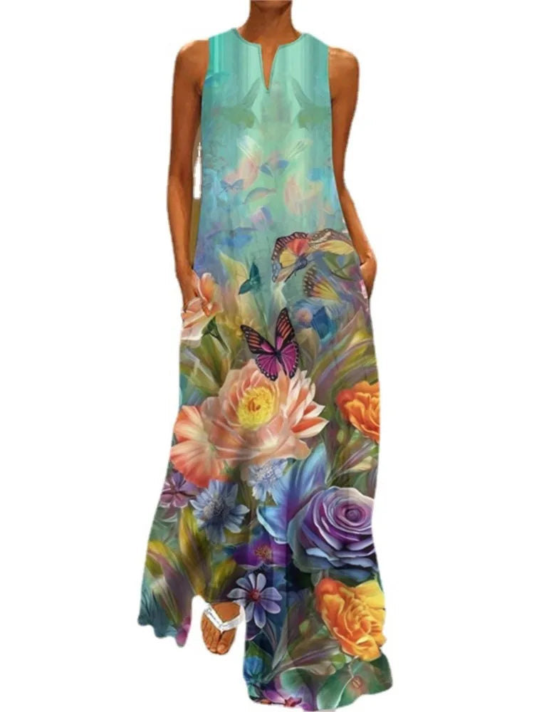 Vestidos largos vintage con estampado de flores para mujer, moda de verano 2025, cuello en V, sueltos, sin mangas, informales, para ir al trabajo