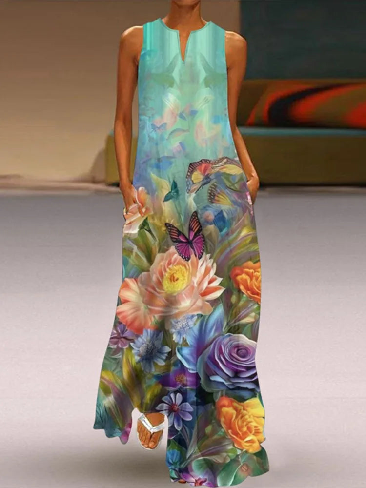 Vestidos largos vintage con estampado de flores para mujer, moda de verano 2025, cuello en V, sueltos, sin mangas, informales, para ir al trabajo