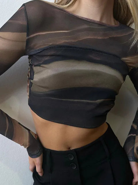 2025 Summer New Women Clothing Fashion Print Mesh Tops Sexy Backless Long Sleeve Casual Tees Slim Short Umbilical Cord T-shirts