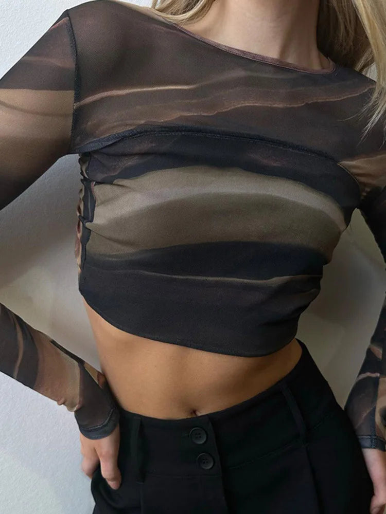 2025 Summer New Women Clothing Fashion Print Mesh Tops Sexy Backless Long Sleeve Casual Tees Slim Short Umbilical Cord T-shirts