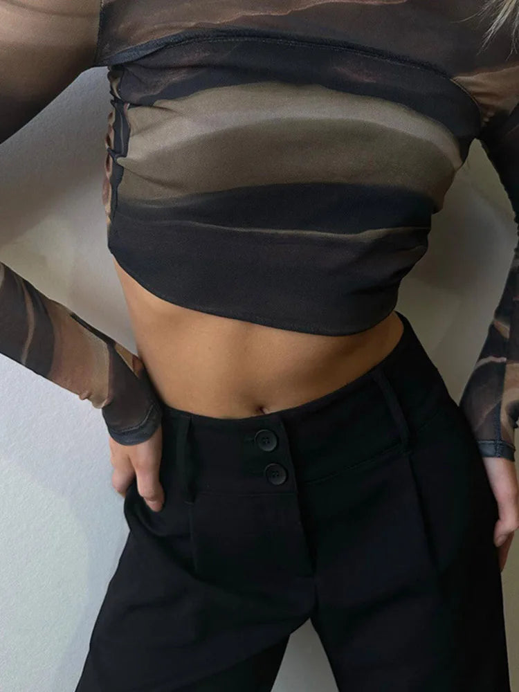 2025 Summer New Women Clothing Fashion Print Mesh Tops Sexy Backless Long Sleeve Casual Tees Slim Short Umbilical Cord T-shirts