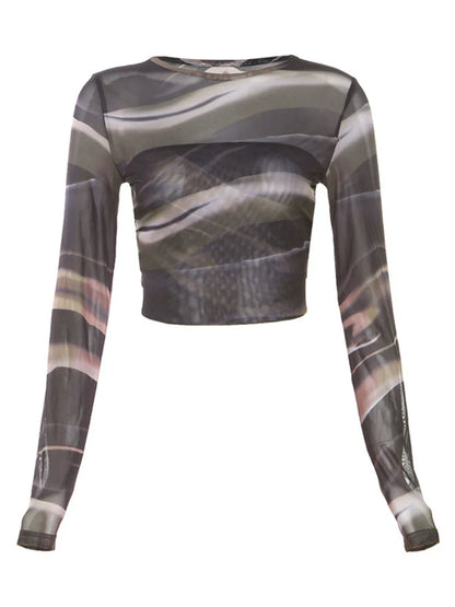 2025 Summer New Women Clothing Fashion Print Mesh Tops Sexy Backless Long Sleeve Casual Tees Slim Short Umbilical Cord T-shirts